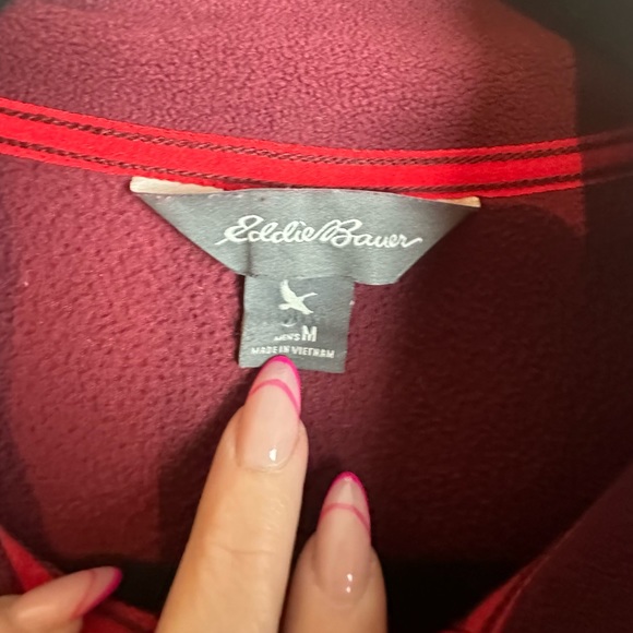 Eddie Bauer Mens Quarter Snap Button Red Fleece Pullover Logo Spell Out Medium - Picture 8 of 15